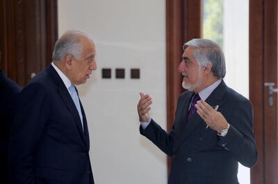 U.S. special representative for Afghanistan, Zalmay Khalilzad, listens to Afghanistan Chief Executive Abdullah Abdullah before their meeting in Kabul, Afghanistan October 27, 2019. Afghan Chief Executive office/Handout via REUTERS  NO RESALES. NO ARCHIVES THIS IMAGE HAS BEEN SUPPLIED BY A THIRD PARTY.