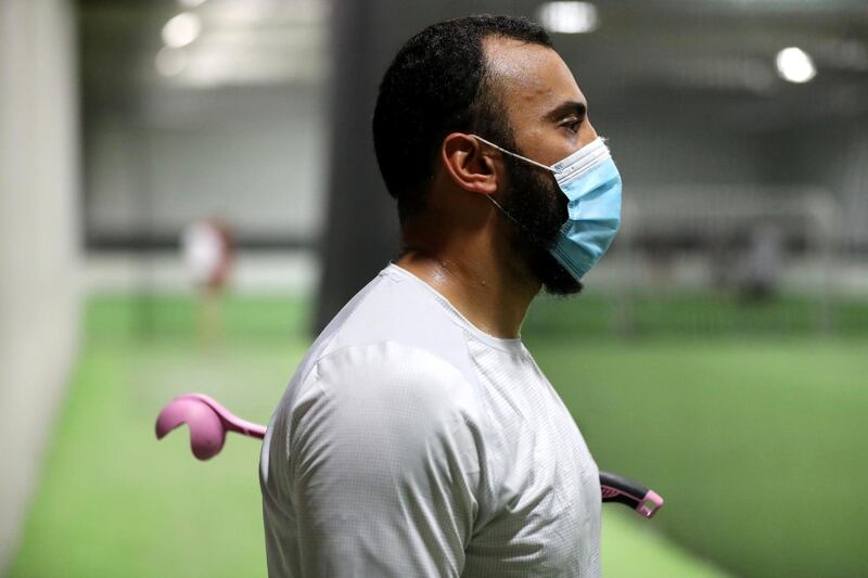 Dubai, United Arab Emirates - Reporter: Paul Radley. Sport. UAE batsman Basil Hameed (UAE kit) training with freelance coach Mohsin Arif. Tuesday, June 30th, 2020. Dubai. Chris Whiteoak / The National