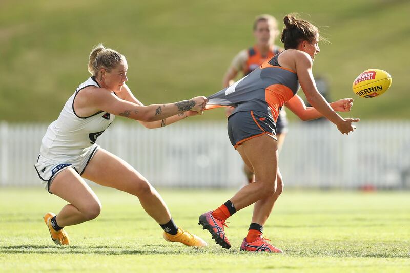 Carlton Blues' Tayla Harris tackles Jessica Dal Pos of the GWS  Giants during the AFLW match at Blacktown International Sportspark in Sydney on Sunday, March 28. Getty