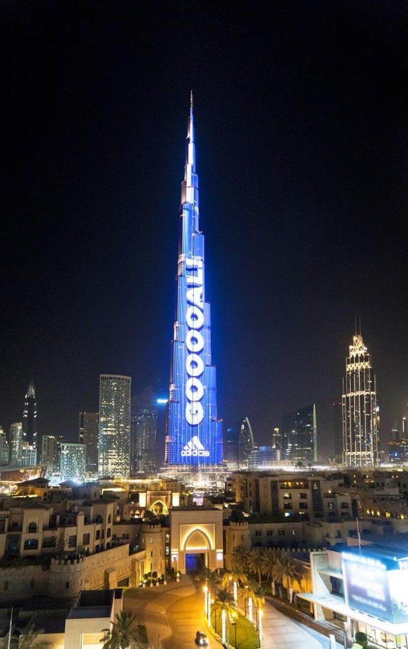 The world's highest scoreboard lights up the Burj Khalifa in Dubai. Burj Khalifa