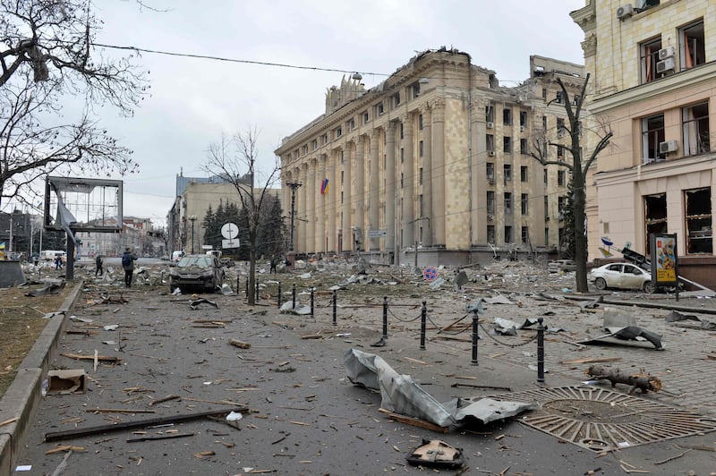 The city hall of Kharkiv, damaged by Russian shelling. AFP