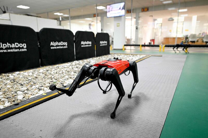 An AlphaDog quadruped robot can move at a speed of almost 15 kilometres per hour.  Wang Zhao / AFP