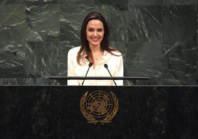 Actress and UN High Commissioner for Refugees, Angelina Jolie addresses a meeting of the UN Peacekeeping Ministerial: Uniformed Capabilities, Performance and Protection at the United Nations in New York March 29, 2019 in New York City. / AFP / TIMOTHY A. CLARY
