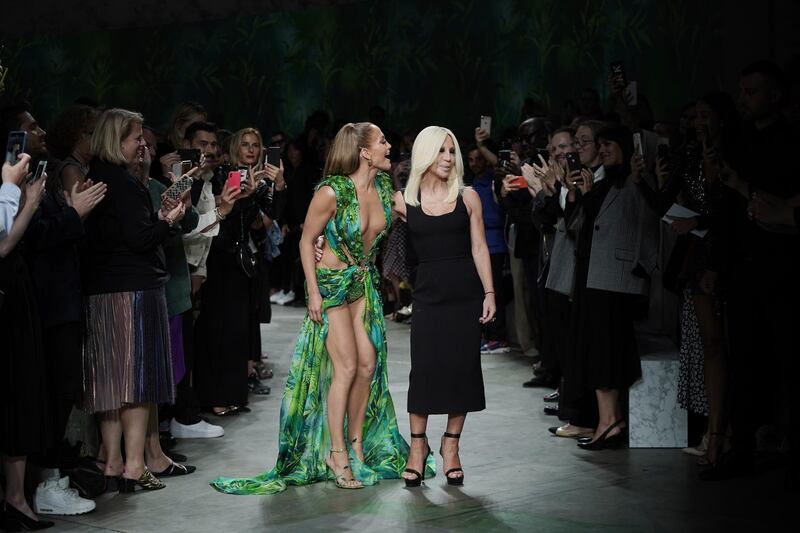 MILAN, ITALY - SEPTEMBER 20: Jennifer Lopez and Donatella Versace walk the runway at the Versace show during the Milan Fashion Week Spring/Summer 2020 on September 20, 2019 in Milan, Italy. (Photo by Vittorio Zunino Celotto/Getty Images)