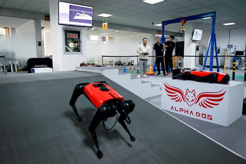 An engineer, background right, controlling an AlphaDog quadruped robot in a workshop.  Wang Zhao / AFP