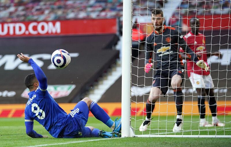 Leicester's Youri Tielemans narrowly misses a chance to make it 3-1 at Old Trafford. Reuters