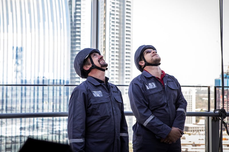Richard Hammond and project manager Pieter van der Walt after window cleaning the exterior of Burj Khalifa, Dubai.