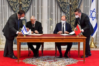 Shlomo Mor-Yosef, left, director general of Israel’s Population and Immigration Agency, and Mohcine Jazouli, minister delegate to Morocco’s Minister for Foreign Affairs, sign an agreement at the Royal Palace in the Moroccan capital Rabat on December 22, 2020, on the first Israel-Morocco direct commercial flight. The agreement marks the latest US-brokered diplomatic normalisation accord between the state and an Arab country. AFP