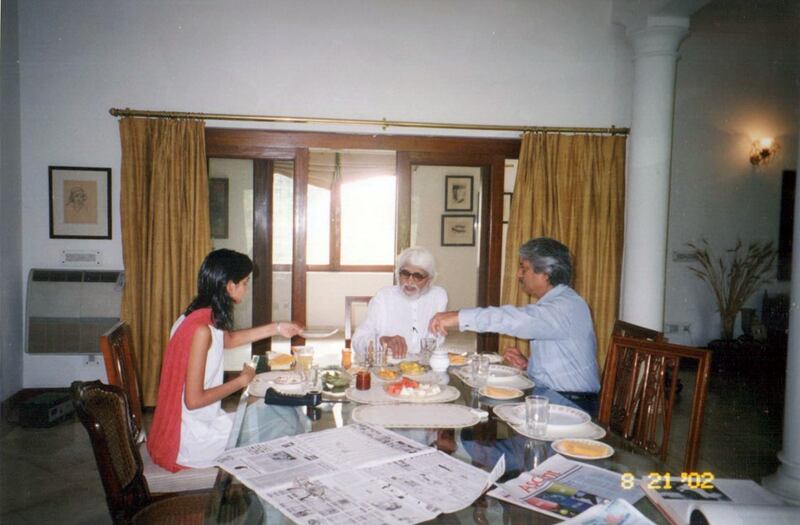 Roshini Vadehra, MF Husain and Arun Vadehra at home. Photo: Vadehra Gallery