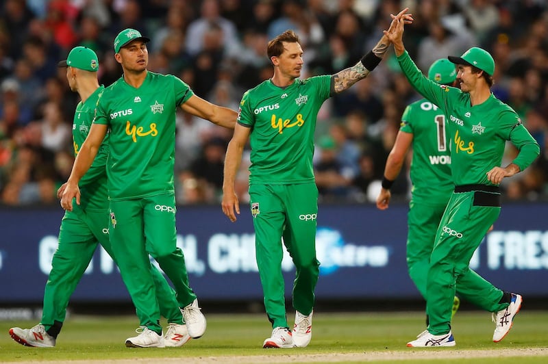 MELBOURNE, AUSTRALIA - JANUARY 04: Dale Steyn of the Stars (C) celebrates after dismissing Will Sutherland of the Renegades during the Big Bash League match between the Melbourne Stars and the Melbourne Renegades at the Melbourne Cricket Ground on January 04, 2020 in Melbourne, Australia. (Photo by Daniel Pockett/Getty Images)