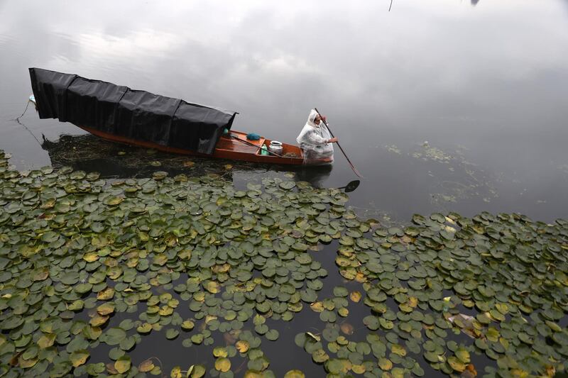 A man rows his boat during rainfall in Srinagar, India. EPA