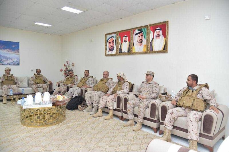 Several senior UAE Armed Forces officers congratulated officers and recruits of the UAE Armed Forces units operating in Yemen and Saudi Arabia on the occasion of Eid Al Adha, while in the presence of officers from the Saudi Armed Forces.
Officers congratulated the Emirati military personnel while visiting several army units stationed in Najran and Taif, Saudi Arabia, which are part of the Saudi-led Arab Coalition Forces operating in Mukalla and Khawkhah, Yemen. Wam
