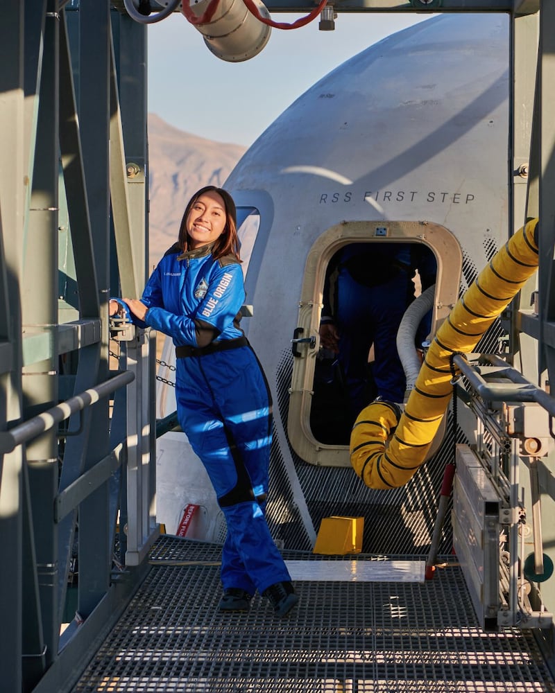 Katya Echazarreta poses in front of a Blue Origin capsule. Photo: Katya Echazarreta / X
