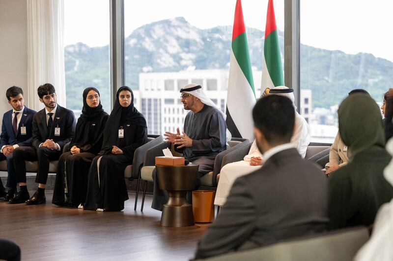 President Sheikh Mohamed meets Emirati students on the final day of his state visit to South Korea. Photo: Mohamed Al Hammadi / UAE Presidential Court