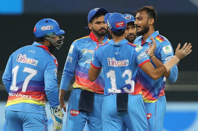 Axar Patel of Delhi Capitals celebrates the wicket of Aaron Finch of Royal Challengers Bangalore during match 19 of season 13 of the Dream 11 Indian Premier League (IPL) between the Royal Challengers Bangalore and the 
Delhi Capitals held at the Dubai International Cricket Stadium, Dubai in the United Arab Emirates on the 5th October 2020.  Photo by: Ron Gaunt  / Sportzpics for BCCI