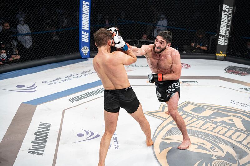 Martun Mezhlumyan lands one on Attila Korkmaz en route to win the lightweight contest in the UAE Warriors 20 at the Jiu-Jitsu Arena in Abu Dhabi on Saturday, June 19, 2021. Photo: UAE Warriors