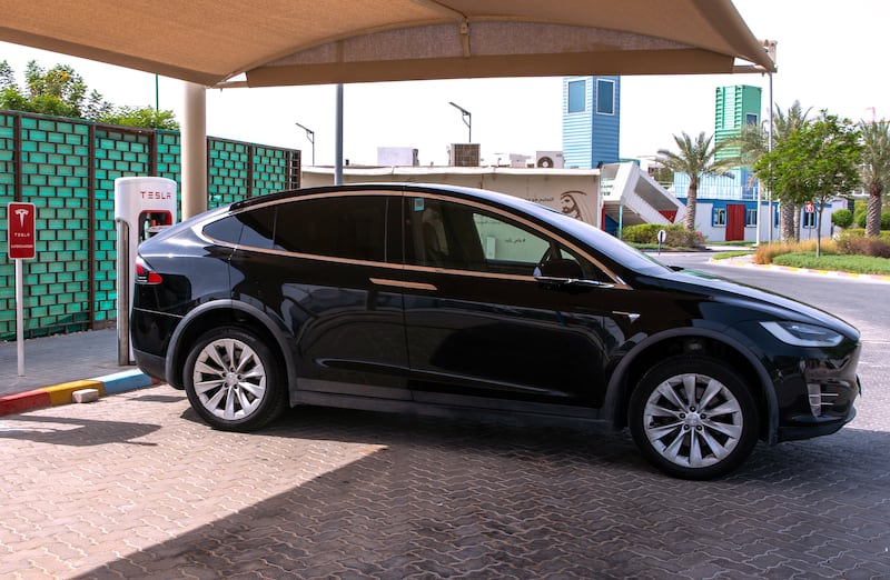 There are four Tesla charging stations located at Masdar Park in Abu Dhabi. Victor Besa / The National