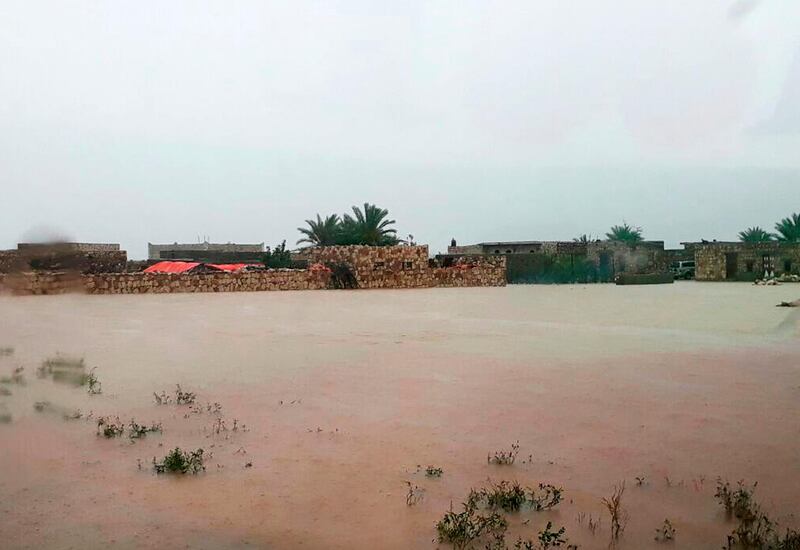 Heavy rain and strong winds cause flooding and damage in Hadibu as Cyclone Mekunu pounded the Yemeni island of Socotra, Thursday, May 24, 2018. At least 17 people were reported missing. The powerful storm remained on path to strike Oman this weekend. (AP Photo/Abdullah Morgan)