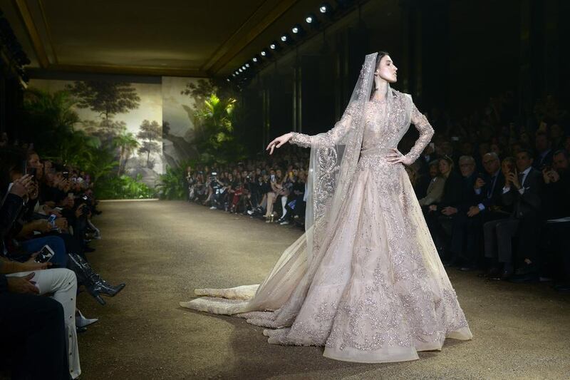 A model as a bride walks the runway during the Elie Saab Haute Couture Spring / Summer 2016 show, as part of Paris Fashion Week last month. Photo by Dominique Charriau / WireImage / Getty Images