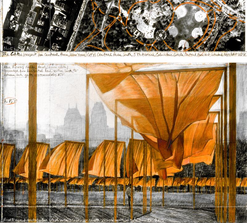 A sketch for Christo's installation 'The Gates' in Central Park, New York City. It featured more than 7,500 fabric panels and was completed in 2005.