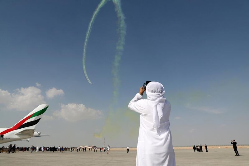 Dubai, United Arab Emirates - November 14th, 2017: August 1st display team at the Dubai airshow. Tuesday, November 14th, 2017 at Al Maktoum Airport, Dubai. Chris Whiteoak / The National