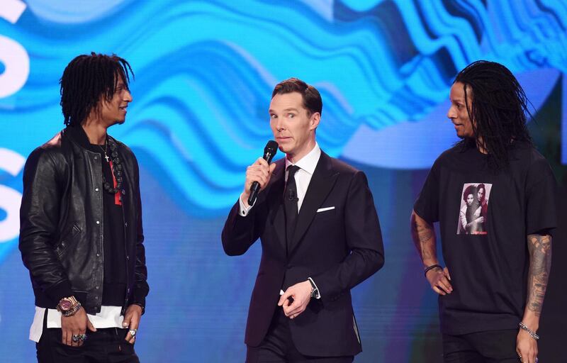 MONACO - FEBRUARY 27:  Host Benedict Cumberbatch with dancers on stage during the 2018 Laureus World Sports Awards show at Salle des Etoiles, Sporting Monte-Carlo on February 27, 2018 in Monaco, Monaco.  (Photo by Stuart C. Wilson/Getty Images for Laureus)