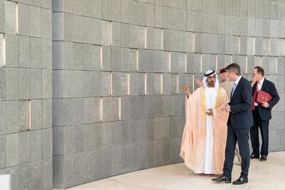 *** GENERAL CAPTION ***
ABU DHABI, UNITED ARAB EMIRATES -April 09, 2018: HH Sheikh Khalifa bin Tahnoon bin Mohamed Al Nahyan, Director of the Martyrs' Families' Affairs Office of the Abu Dhabi Crown Prince Court, and UK Secretary of State for Defence Rt Hon Gavin Williamson visit Wahat Al Kharama.

( Rashed Al Mansoori / Crown Prince Court - Abu Dhabi )
---