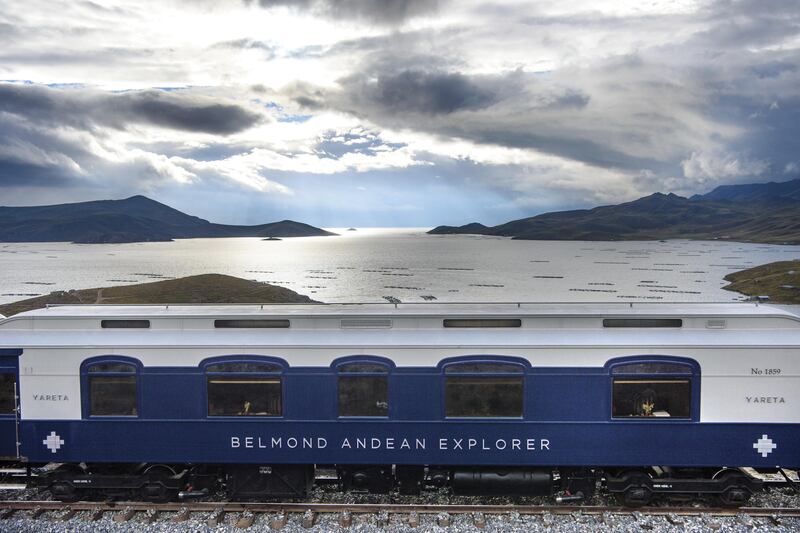 South America’s first luxury sleeper train, Belmond Andean Explorer, pictured at Lake Lagunillas, Peru, during its journey between Arequipa, Lake Titicaca and Cusco. The train cuts through some of the most breathtaking scenery in Peru and features 24 cabins, Peruvian cuisine by Executive Chef Diego Munoz, an elegant piano bar and outdoor observation car. Picture credit should read: Matt Crossick