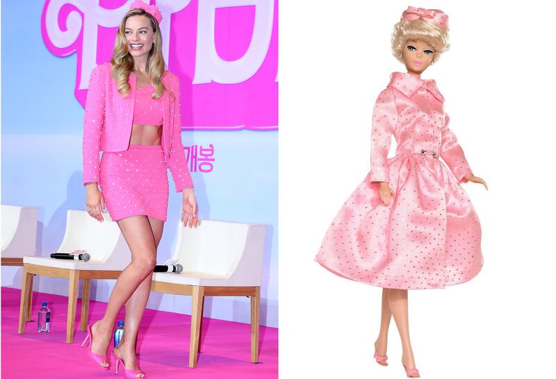 Seoul: Sparkling Barbie from 1964 was the inspiration for Robbie’s pink Moschino matching set. Getty; Mattel