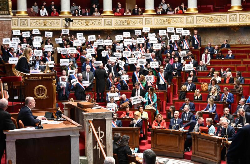 Opposition at the French National Assembly to Prime Minister Elisabeth Borne, who faces two motions of no confidence after forcing through an unpopular pension reform without a vote. AFP
