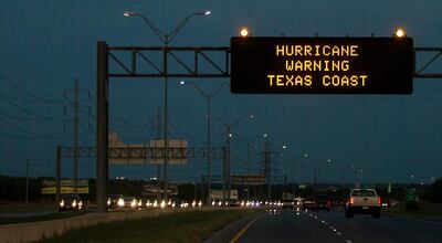 Traffic is heavy in anticipation of Hurricane Harvey on I-37 northbound outside of San Antonio, Texas, on Thursday, Aug.  24, 2017. Conditions deteriorated Friday along the Texas Gulf Coast as Hurricane Harvey strengthened and crawled toward the state, with forecasters warning that evacuations and preparations "should be rushed to completion."   (Nick Wagner /Austin American-Statesman via AP)