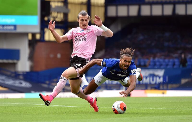 Leicester City's Caglar Soyuncu, left, and Everton's Dominic Calvert-Lewin battle for the ball on Wednesday. PA