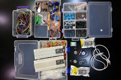 Drag IoT kits contain a variety of gadgets and wires. Courtesy Ehab Kahwati