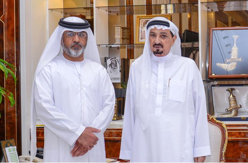 Ali Rashed Al Mazrouei, left, pictured with Sheikh Humaid bin Rashid Al Nuaimi, the Ruler of Ajman. Courtesy: WAM