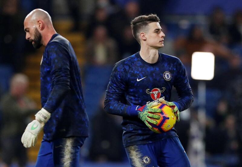 Chelsea goalkeepers Willy Caballero and Kepa Arrizabalaga during the warm up. Reuters
