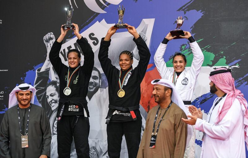 Abu Dhabi, United Arab Emirates - The three winners from Brazil left, Nathiely de Jesus, 2nd place, Gabrieli Pessanha (centre), 1st place and Thamara Ferreira, 3rd place at the Abu Dhabi Grand Slam championship in Jiu-Jitsu at the Mubadala Arena. Khushnum Bhandari for The National