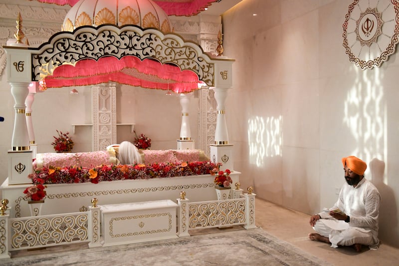 A shrine where the Sikh holy book is placed at the new Hindu temple.
