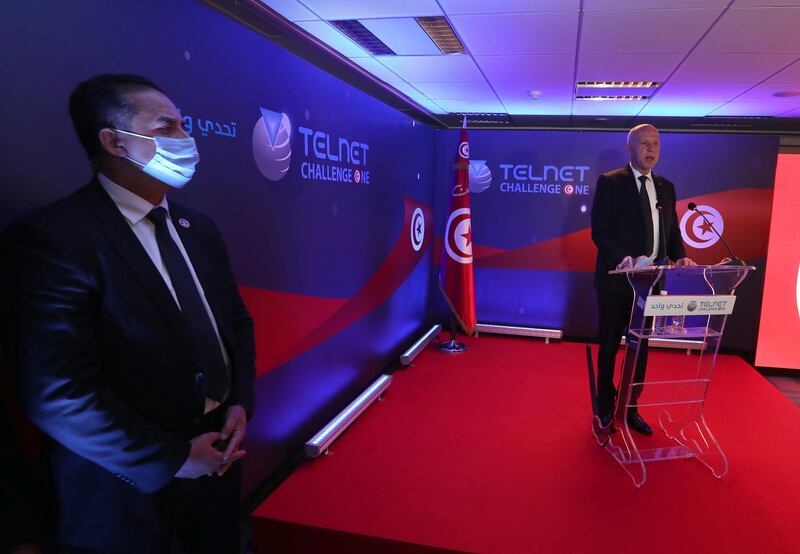 Tunisian President Kais Saied speaks during the launch of Tunisia's first satellite ''Challenge-1'', which was created by the Telnet telecommunications group, in Tunis, Tunisia. EPA