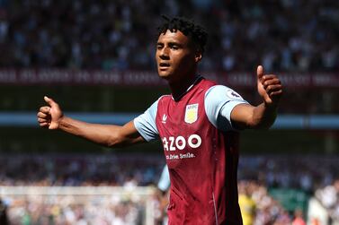 BIRMINGHAM, ENGLAND - AUGUST 13: Ollie Watkins of Aston Villa celebrates their second goal, scored by Emi Buendia (out of picture) during the Premier League match between Aston Villa and Everton FC at Villa Park on August 13, 2022 in Birmingham, England. (Photo by Marc Atkins / Getty Images)