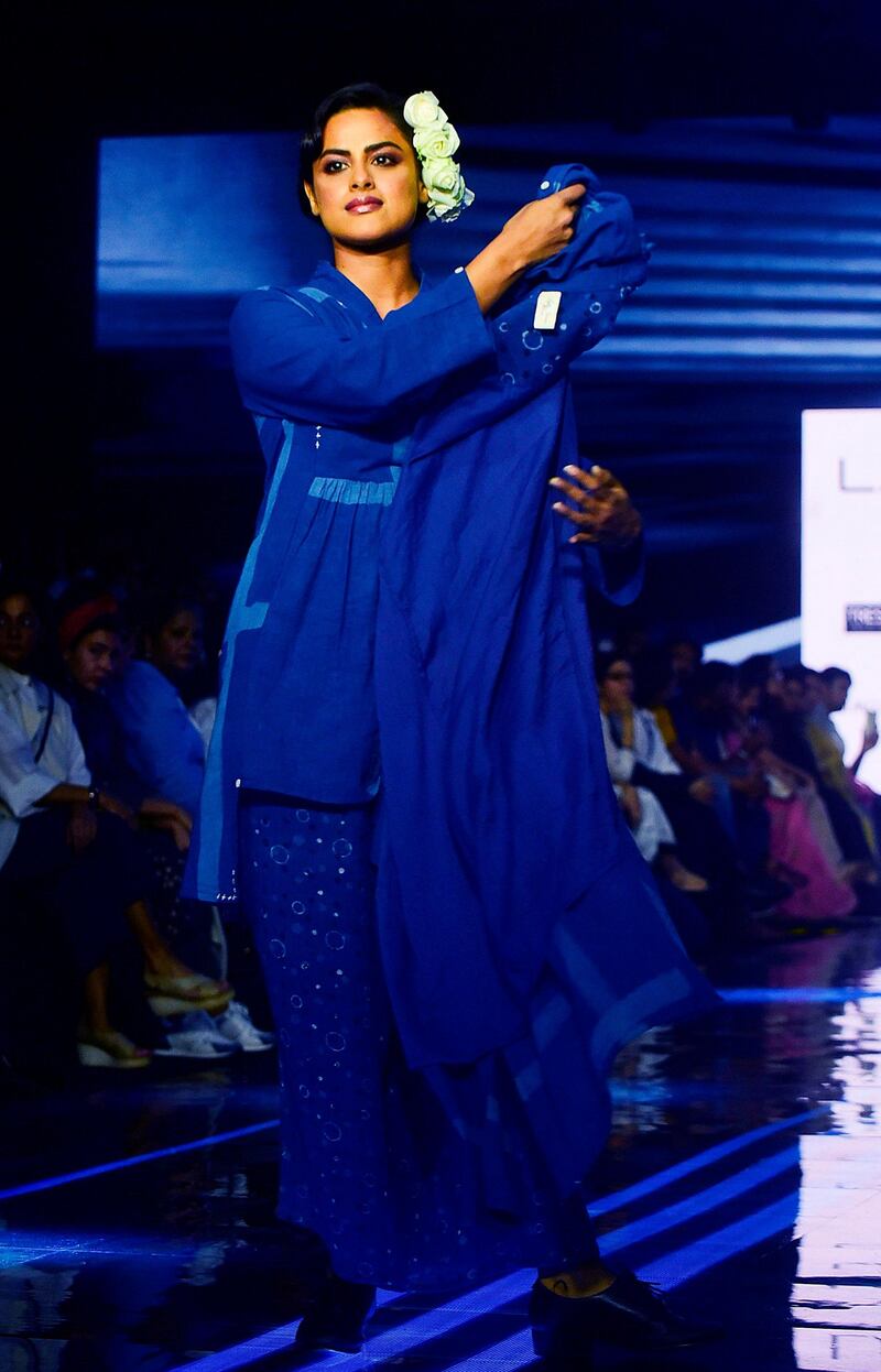 Neha Mahajan showcases a creation by designer Jayati Goenka during Lakme Fashion Week in Mumbai on February 13, 2020. AFP