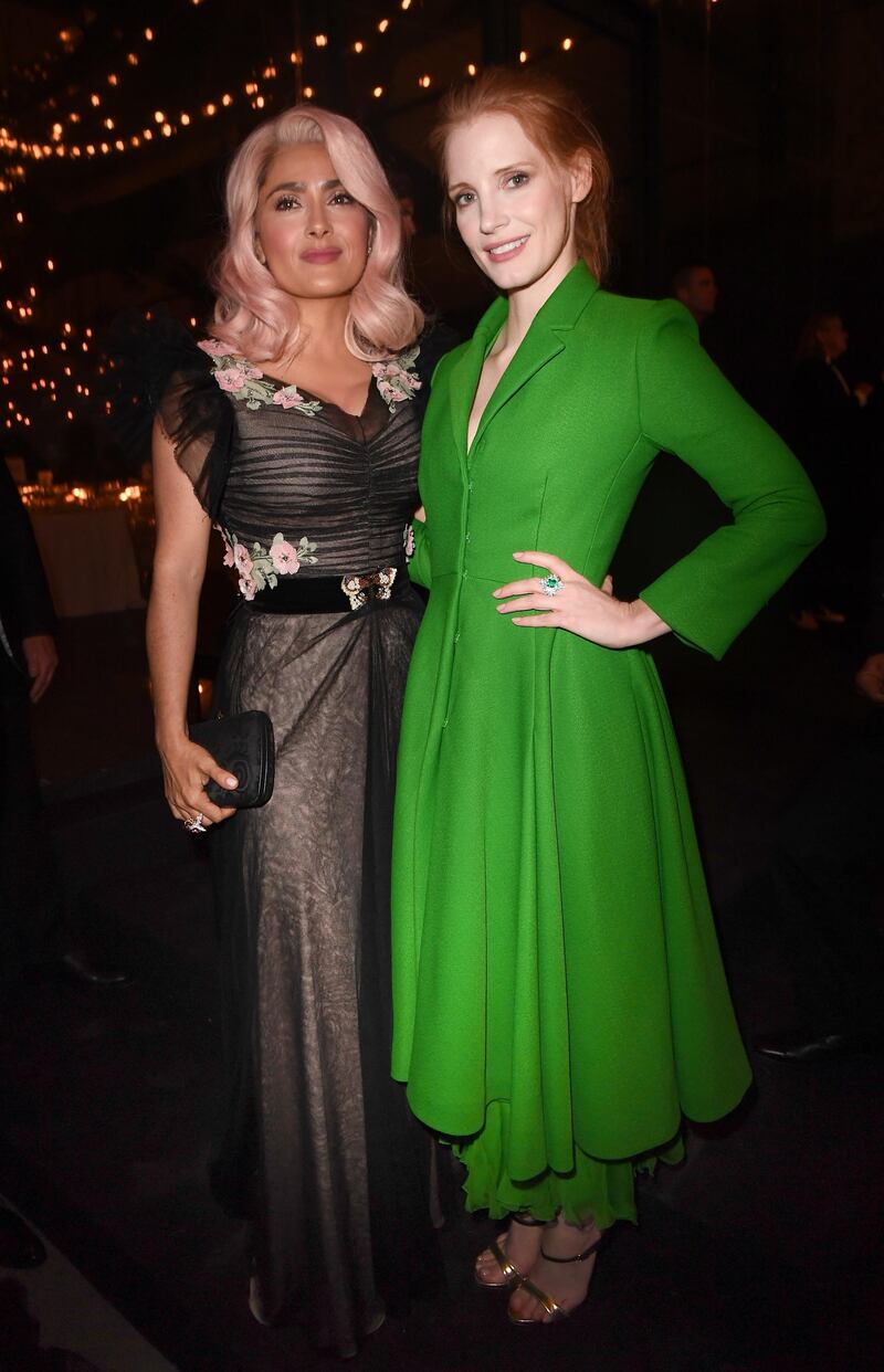 CANNES, FRANCE - MAY 21:  Salma Hayek (L) and Jessica Chastain attend the Women in Motion Awards Dinner at the 70th Cannes Film Festival at Place de la Castre on May 21, 2017 in Cannes, France.  (Photo by Matthias Nareyek/Getty Images for Kering)