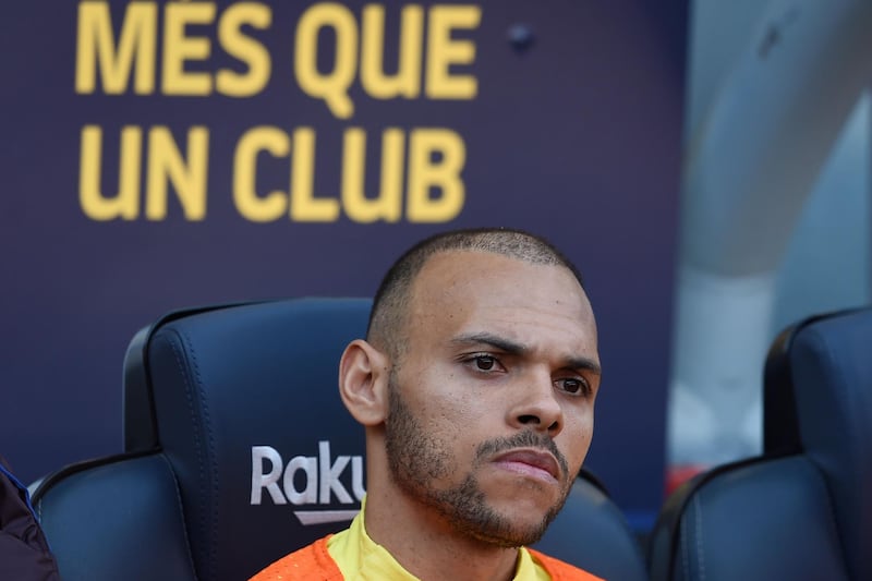 Barcelonanew signing Martin Braithwaite looks on before the match. AFP