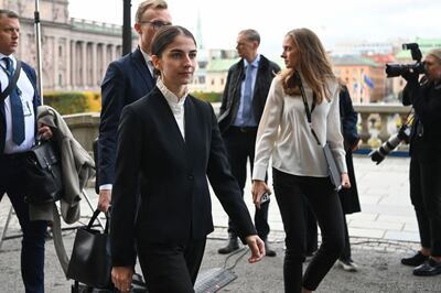 Climate and Environment Minister Romina Pourmokhtari arrives at Parliament in Stockholm. AFP