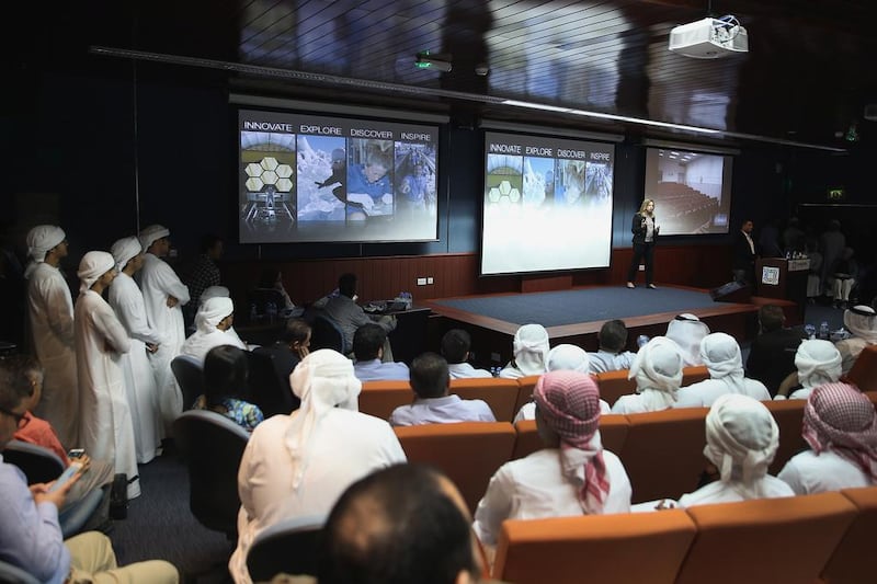 Khalifa University students and faculty attend a talk at the Abu Dhabi campus. Delores Johnson / The National