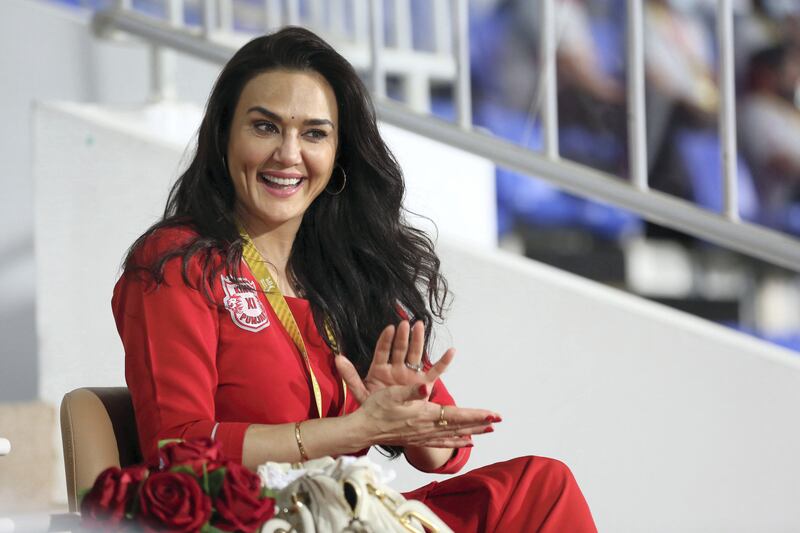 Preity Zinta co owner of the Kings XI Punjab during match 31 of season 13 of the Indian Premier League (IPL ) between the Royal Challengers Bangalore and the Kings XI Punjab held at the Sharjah Cricket Stadium, Sharjah in the United Arab Emirates on the 15th October 2020.  Photo by: Arjun Singh  / Sportzpics for BCCI