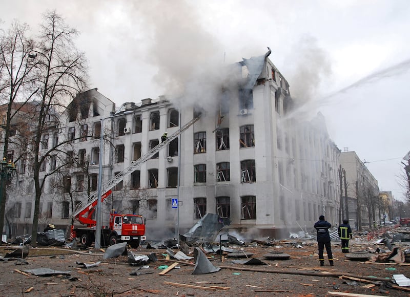 Firefighters work to extinguish a blaze at the Kharkiv National University building, which city officials said was damaged by Russian shelling. Reuters