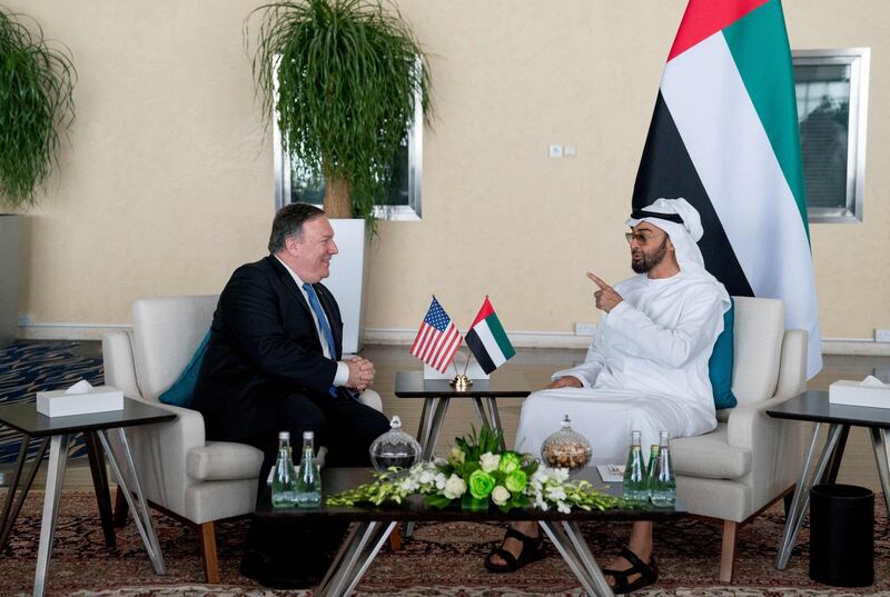 US Secretary of State Mike Pompeo (L) and Abu Dhabi's Crown Prince Sheikh Mohammed bin Zayed Al Nahyan meet at the Al Shati Palace in Abu Dhabi? on July 10, 2018.  Pompeo is on a trip traveling to North Korea, Japan, Vietnam, Afghanistan, Abu Dhabi, and Brussels. / AFP / POOL / Andrew Harnik
