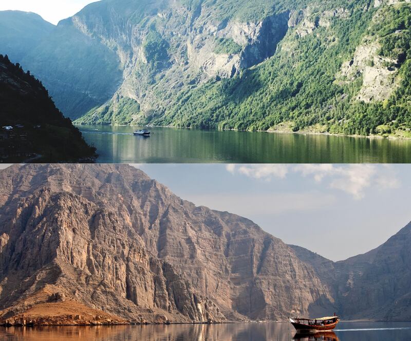 Top: Scenic View Of Fjord In Norway

BOTTOM: Traditional dhow sailboat moored in a bay during a cruise in the Khor Ash Sham Fjord, Musandam, Sultanate of Oman

Getty Images / Alamy