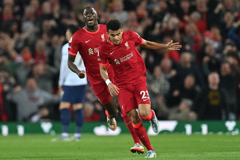 Liverpool forward Luis Diaz celebrates after scoring against Tottenham. AFP