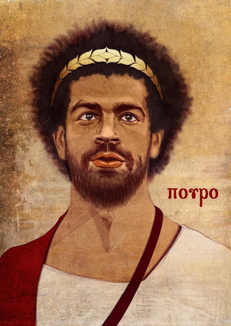 “I wanted to apply the techniques and characteristics of Coptic art to these portraits of Egyptian football stars as a way of introducing young people to the tradition,” Ahmed El-Sabrouti, an Alexandria-based artist, says of his works. Mo Salah depicted as an Egyptian king, with an olive branch crown.